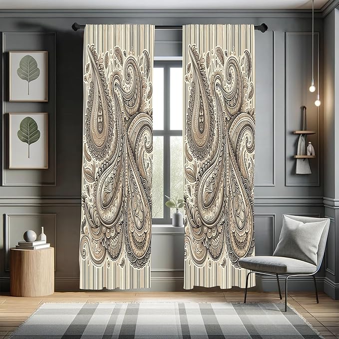 Ambesonne Paisley Curtains, Delicate Bohemian Leafy Motives on Stripes in Neutral Muted Colors, Window Treatments 2 Panel Set for Living Room Bedroom, Pair of - 28" x 63", Warm Taupe Ivory and Sepia