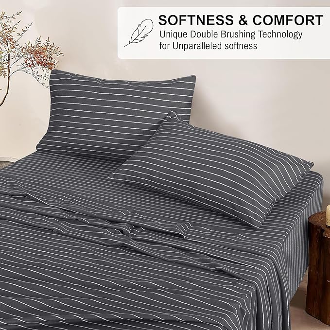 RUVANTI Flannel Sheets Queen Size - 100% Cotton Double Brushed Bed Sheets, Deep Pockets 16 Inches Queen Sheet Set, All Seasons Breathable & Extra Soft - Warm & Cozy, 4 Piece, Pinn Stripe