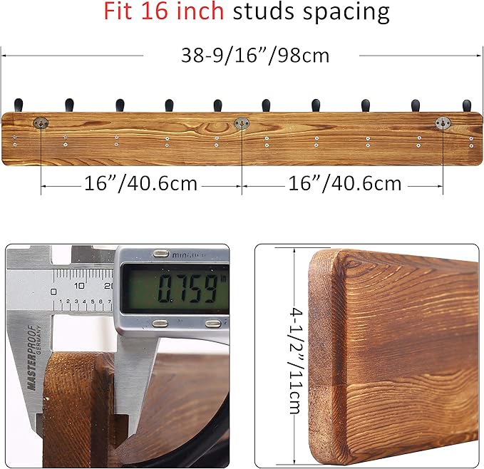 WEBI Coat Rack Wall Mount,38 9/16" Long,10 Hooks,Wood Coat Hooks Wall Mounted Coat Hanger Wall Hook Rack,Triple Hooks for Hanging Coats,Clothes,Jacket,Brown,2 Packs
