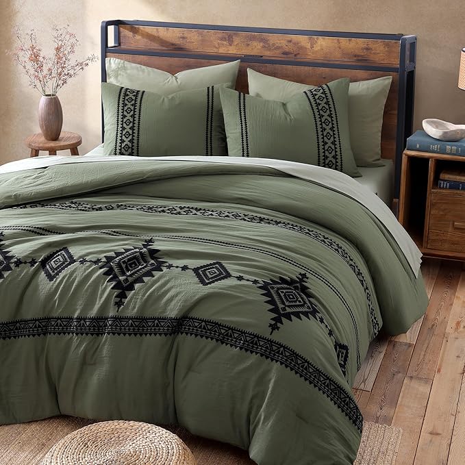 MaiRêve California King Comforter Set Olive Green, Embroidery Western Bedding Set Boho 7 Pieces, Farmhouse All-Season Bed in A Bag with Sheets, Pillowcases & Shams