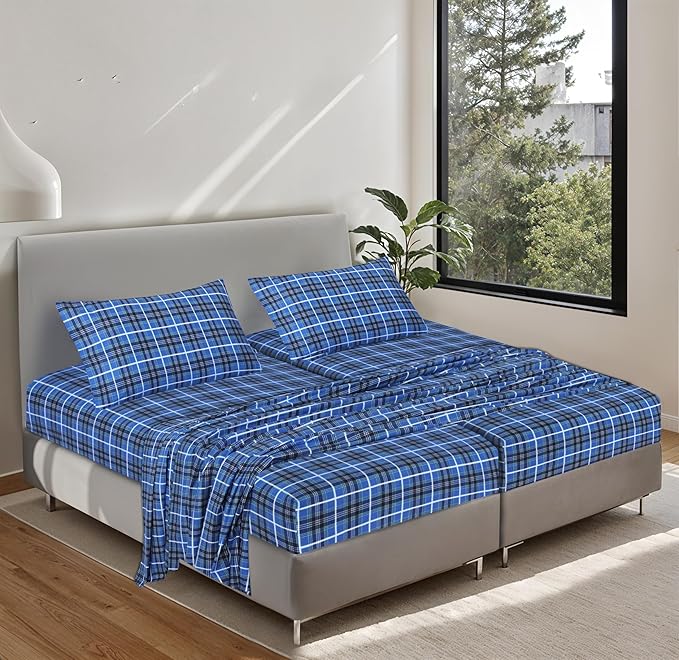 RUVANTI Flannel Sheets Split King Size - 100% Cotton Brushed Split King Bed Sheets Set, Deep Pockets 16 Inches, All Seasons Breathable & Extra Soft, Warm & Cozy, 5 Piece, Blue Plaid