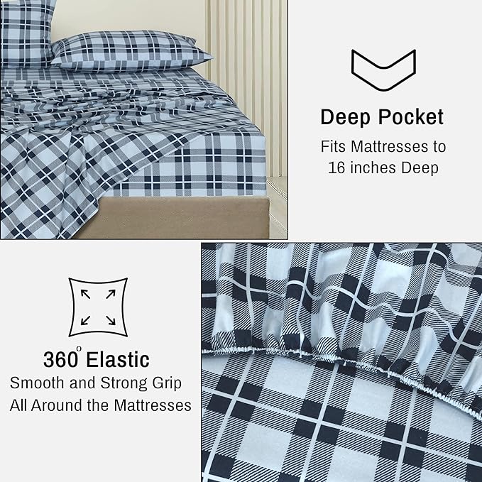 RUVANTI Flannel Sheets Twin Size - 100% Cotton Double Brushed Twin Sheets Set, Deep Pockets 16 Inches, All Seasons Breathable & Extra Soft Bed Sheets, Warm & Cozy, 3 Piece, Illusion Check