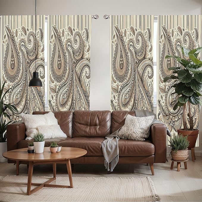 Ambesonne Paisley Window Curtains Pack of 2, Delicate Bohemian Leafy Motives on Stripes in Neutral Muted Colors, Lightweight Set with Rod Pocket, 4 Panels of - 28" x 95", Warm Taupe Ivory and Sepia