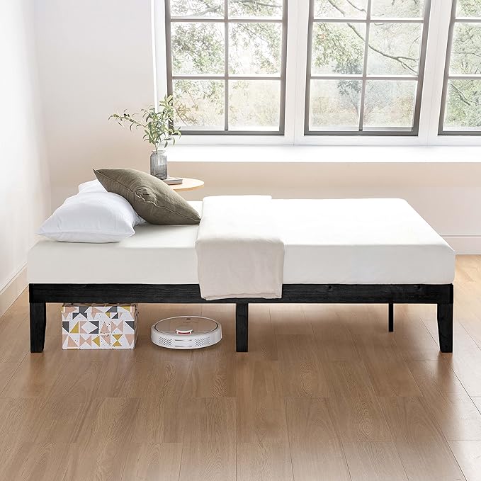Mellow Naturalista Classic 12 Inch Solid Wood Platform Bed with Wooden Slats, Twin XL, Black