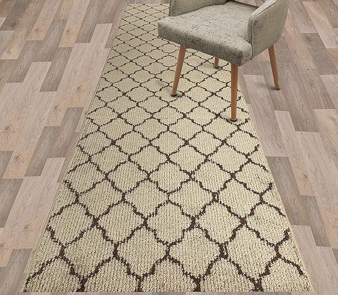 Custom Size Modern Runner Rug Carpet for Hallway Entryway Foyer Kitchen, Slip Resistant Latex Rubber Backed 31 inch Wide X Customized Length, Trellis Beige, 31 inch X 29 feet