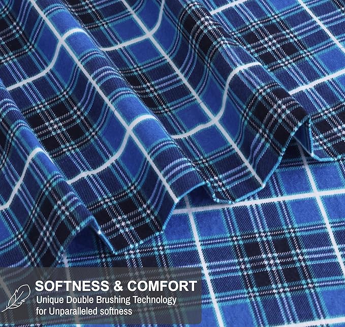 RUVANTI Flannel Sheets King Size - 100% Cotton Brushed King Size Sheets Set - Deep Pockets 16 Inches Bed Sheets - All Seasons Breathable & Extra Soft - Warm & Cozy, 4 Piece, Blue Plaid