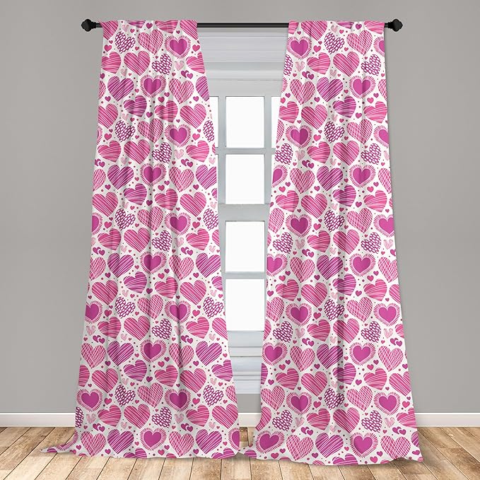 Ambesonne Valentines Window Curtains Pack of 2, Romantic Heart Shapes with Many Different Designs Polka Dots Crossed Lines, Lightweight Set with Rod Pocket, 4 Panels of - 28" x 63", Pink White