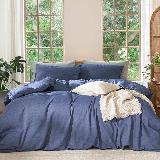 MooMee Bedding Duvet Cover Set 100% Washed Cotton Linen Like Textured Breathable Durable Soft Comfy (Heathered Blue, Cal King 104"x98")