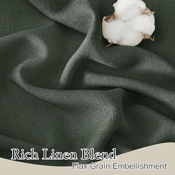 RYB HOME Linen Blended Curtains - Back Tab Vintage Thick Linen Burlap Light Filtering Decorative Sheer for Bedroom Living Room Home Office, W 52" x L 95", 2 Pcs, Hunter Green