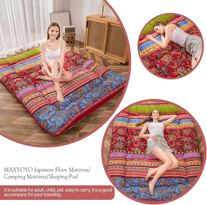 MAXYOYO Bohemian Retro Floor Mattress Vintage Floral Japanese Futon Mattress Roll Up Thicken Sleeping Bed Portable Camping Mattress Floor Lounger Couch Bed Mattress Pad, Twin Size