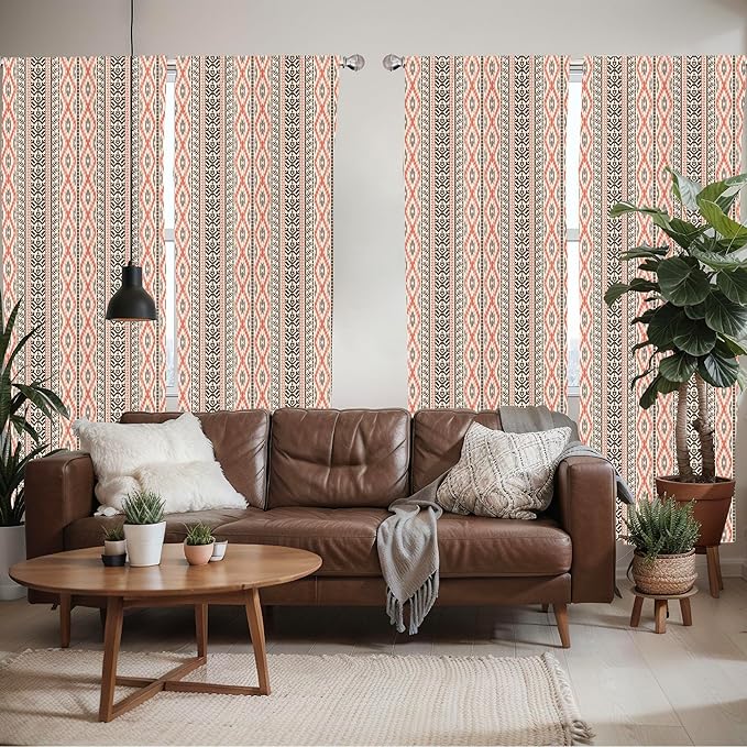 Ambesonne Southwestern Window Curtains Pack of 2, Traditional Vertical Borders Inspired by Prehistoric Art Ikat Style, Lightweight Set with Rod Pocket, 4 Panels of - 28" x 63", Brown Coral