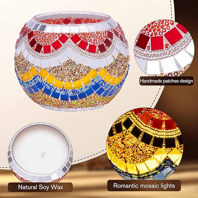 Rancco Handmade Mosaic Glass Tealight Candle Holder Set - 4 Pack with 10.5 oz Long-Lasting Soy Wax Scented Candles - Perfect Aromatherapy Gifts for Women, Moms, Birthdays, Spa Days, and Christmas