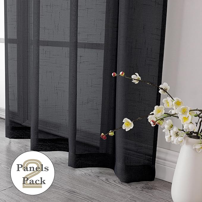 Aiyufeng Black Sheer Curtains 45 Inch Length 2 Panels, Short Linen Curtains for Kitchen, Small Window Curtains Window Treatment Privacy with Light Filtering for Cafe/Bathroom, Each 30Wx45L Inch, Black