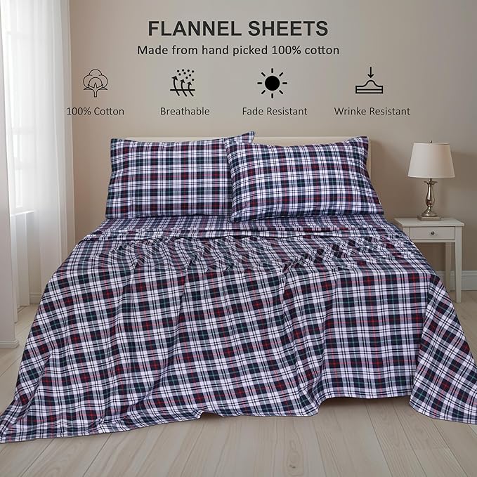 RUVANTI Flannel Sheets Full Size - 100% Cotton Double Brushed Bed Sheets Set, Deep Pockets 16 Inches, All Seasons Breathable & Extra Soft Full Sheets, Warm & Cozy, 4 Piece, Noel