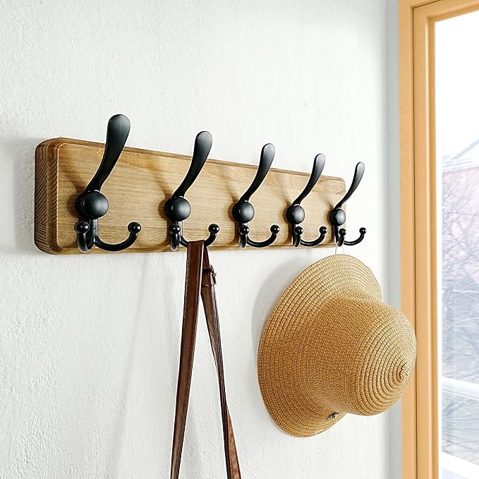 Dseap Coat Rack Wall Mount - Heavy-Duty Robust Barnwood-Style Wooden Wall Coat Hanger Hook Rail with 5 Triple Hooks for Winter Coats Hat Jacket Clothing, Weathered Brown & Black