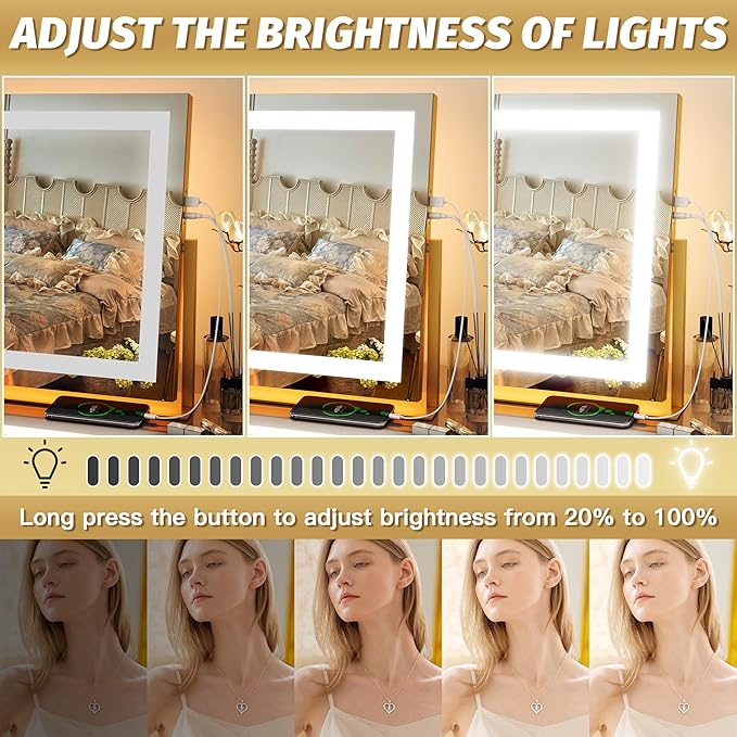FENNIO Vanity Mirror with Lights 22''x18'' Makeup Mirror with Lights,Lighted Makeup Mirror with 10X Magnification and USB，Smart Touch Screen with 3-Color Lighting,Dimmable（Square Gold）