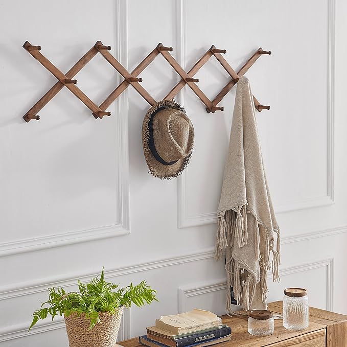 SKOLOO Hat Rack for Wall with 14 Hooks, Pack of 2, Solid Wooden, Modern, Expandable Coat Rack Wall Mount for Coats, Hats, Bags, Baseball Caps, Walnut Color