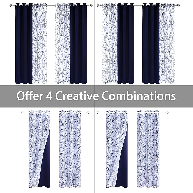 BONZER Mix and Match Curtains - 2 Pieces Branch Print Sheer Curtains and 2 Pieces Blackout Curtains for Bedroom Living Room Grommet Window Drapes, 37x84 Inch/Panel, Indigo, Set of 4 Panels