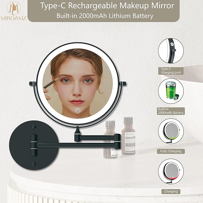 Rechargeable Wall Mounted Lighted Makeup Vanity Mirror 8 Inch Double Sided 1X 10X Magnifying Bathroom Mirror, 3 Color Lighting, Touch Screen Dimming, 360 Rotation Shaving Matte Black
