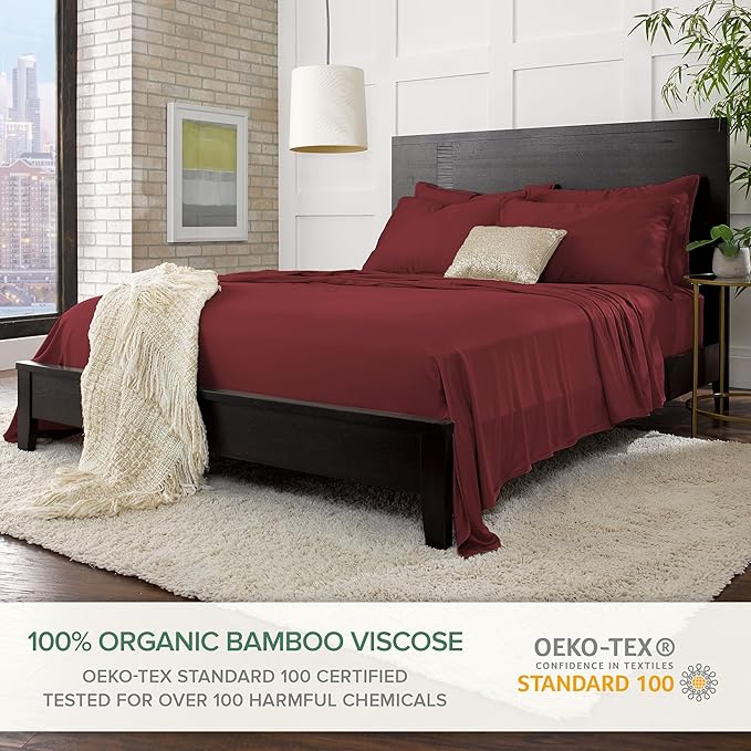 Twin Sheets by Pure Bamboo, Genuine 100% Organic Viscose Derived from Bamboo Bed Sheet Set, Luxuriously Soft & Cooling, Double Stitching, Lifetime Quality Promise (Twin, Merlot)