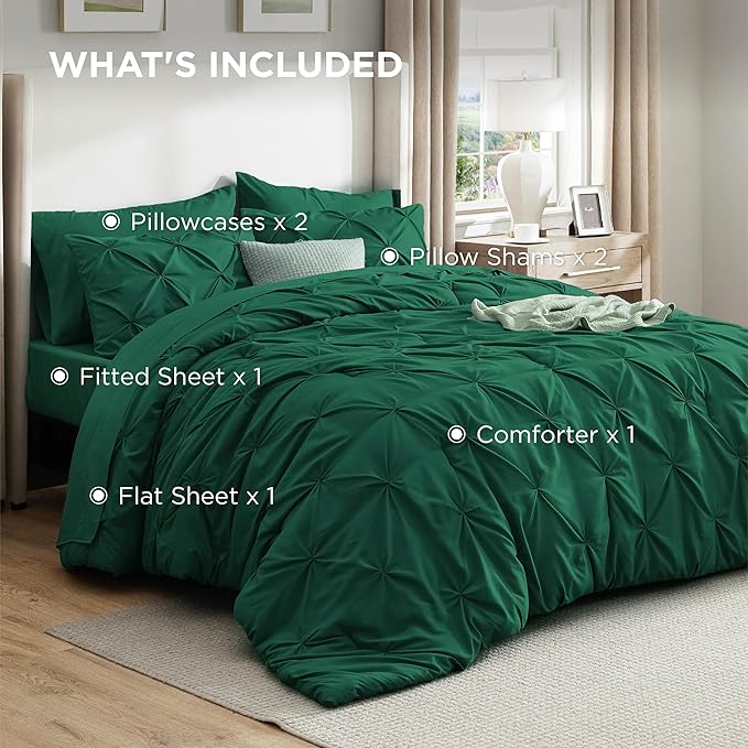 Bedsure King Size Comforter Set Dark Green - Bed in a Bag Bedding Set 7 Pieces, GentleSoft™ Pintuck Bed Set Gift for Family, Pinch Pleat Dark Green Comforter with Sheets, Pillowcases & Shams