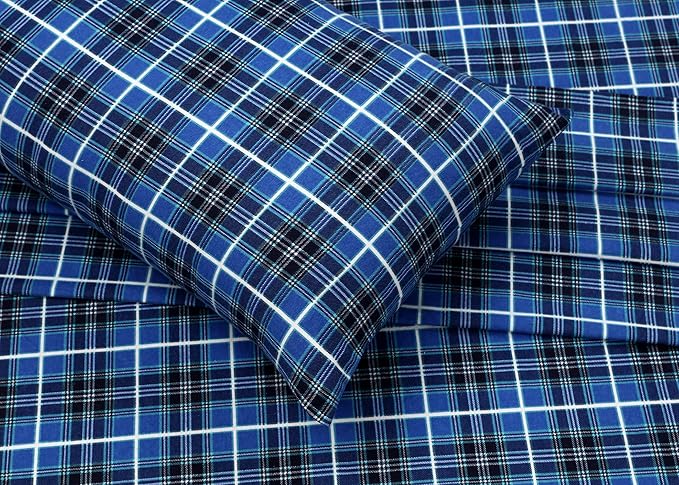 RUVANTI Flannel Sheets King Size - 100% Cotton Brushed King Size Sheets Set - Deep Pockets 16 Inches Bed Sheets - All Seasons Breathable & Extra Soft - Warm & Cozy, 4 Piece, Blue Plaid