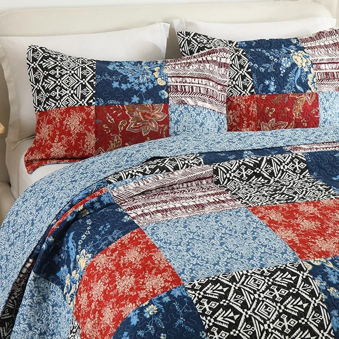 Secgo California King Comforter Set for Bed - 100% Cotton Quilts Cal King Size, Black Bedspreads (120 * 110 Inch) with 2 Pillow Shams, Patchwork Reversible Lightweight Bedding