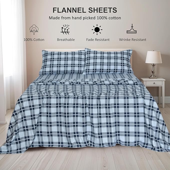 RUVANTI Flannel Sheets Twin Size - 100% Cotton Double Brushed Twin Sheets Set, Deep Pockets 16 Inches, All Seasons Breathable & Extra Soft Bed Sheets, Warm & Cozy, 3 Piece, Illusion Check