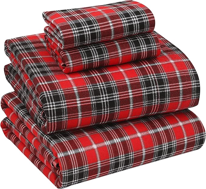RUVANTI Flannel Sheets King Size - 100% Cotton Brushed King Size Sheets Set - Deep Pockets 16 Inches Bed Sheets - All Seasons Breathable & Extra Soft - Warm & Cozy, 4 Piece, Red Plaid