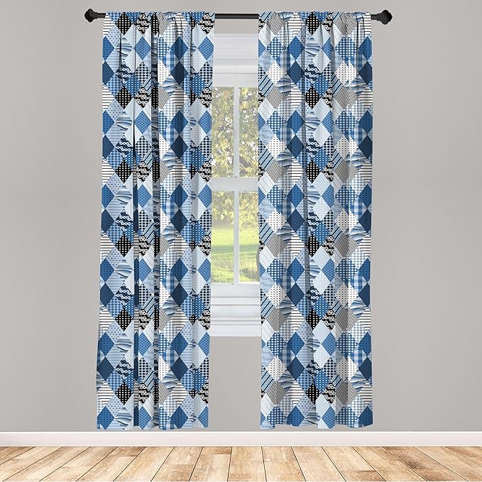 Ambesonne Geometric Window Curtains, Geometrical Diamond Shaped Lines with Various Nostalgic Fashioned Old Pattern, Decorative Panels Set of 2 with Rod Pocket, Pair of - 28" x 84", Black Blue