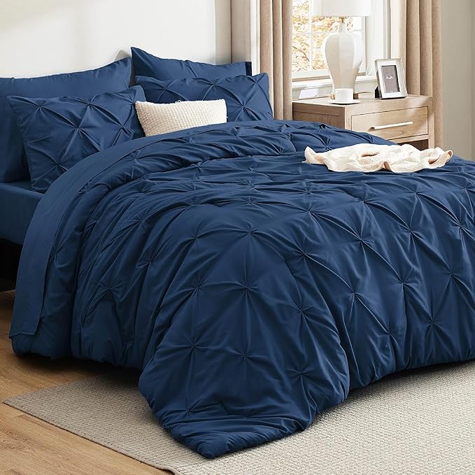 Bedsure Full Size Comforter Sets - Bedding Sets Full 7 Pieces, Pintuck Bed in a Bag Navy Blue Bed Set with Comforter, Sheets, Pillowcases & Shams