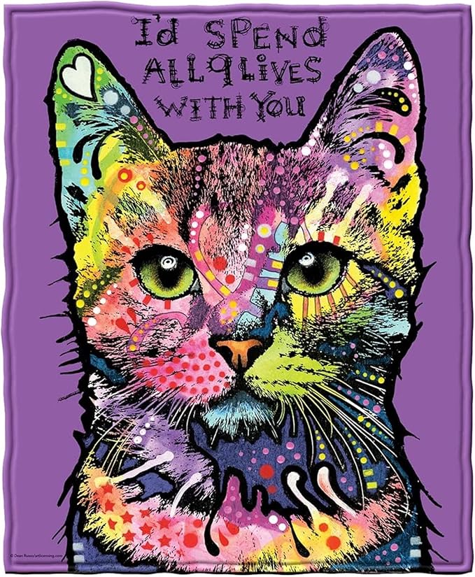 Dawhud Direct 50x60-Inch Cat Blanket Dean Russo 9 Lives - Plush Fleece Throw Blanket for Adults and Kids - Soft and Cozy for Bed, Couch, or Travel - Thoughtful Cat Lover Gifts for Women