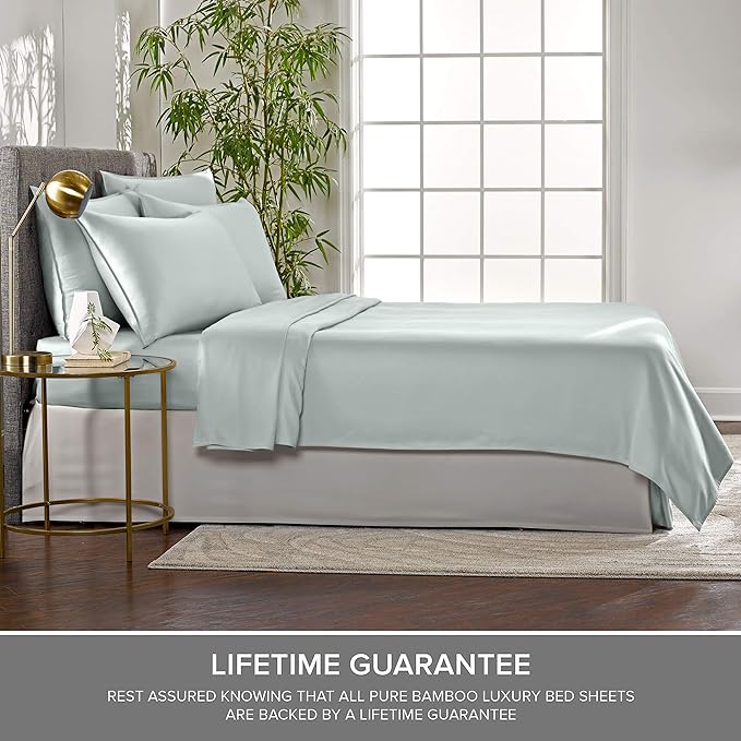 Split King Sheets by Pure Bamboo, Genuine 100% Organic Viscose Derived from Bamboo Bed Sheet Set, Soft & Cooling, Double Stitching *Not for Split Top (Split King, Sea Glass)