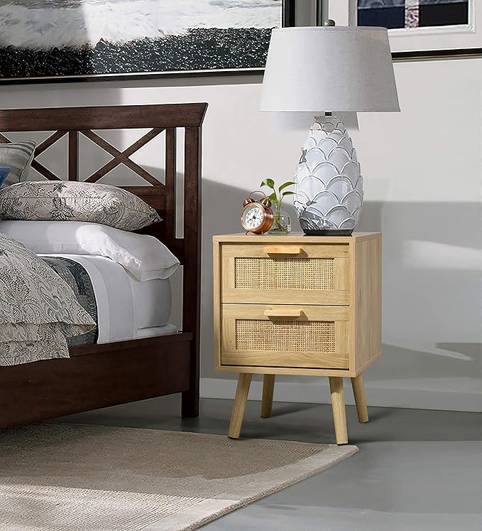 Finnhomy Nightstands Set of 2, Night Stands Set 2 with Hand Made Rattan Decorated Drawers, Nightstand, End Table, Bedside Tables Set of 2 for Bedroom, Natural, 2 Pack