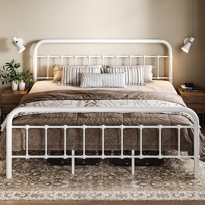 Allewie King Size Metal Platform Bed Frame with Victorian Style Wrought Iron-Art Headboard/Footboard, No Box Spring Required，White
