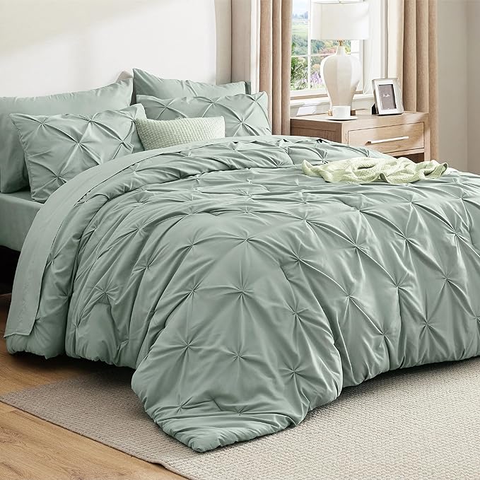 Bedsure King Size Comforter Set Sage Green - Bed in a Bag Bedding Set 7 Pieces, GentleSoft™ Pintuck Bed Set Gift for Family, Pinch Pleat Sage Green Comforter with Sheets, Pillowcases & Shams