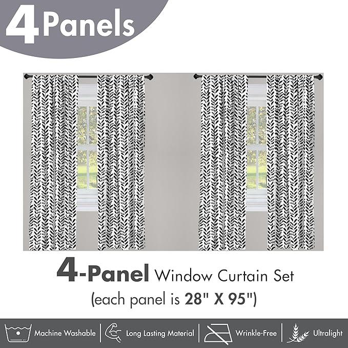 Ambesonne Black and White Window Curtains Pack of 2, Modern Grunge Botany Motif Monochrome Brush Paint Style Strokes, Lightweight Set with Rod Pocket, 4 Panels of - 28" x 95", White and Black