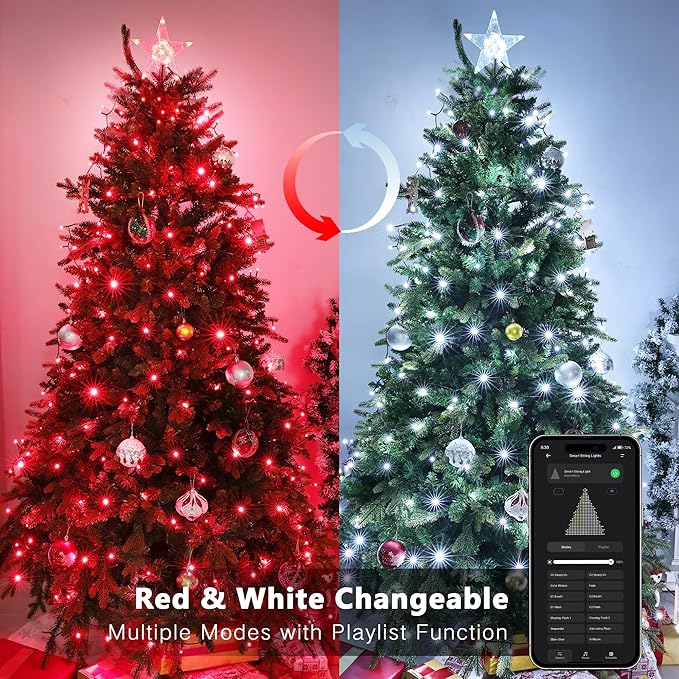 Brizled Smart Christmas Tree Lights, 66FT 200 LED Color Changing Christmas String Lights App & Voice Control, Dimmable Cool White & Red Xmas Light Music Sync for Indoor Outdoor Xmas Tree Wedding Party