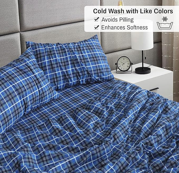 RUVANTI Flannel Sheets King Size - 100% Cotton Brushed King Size Sheets Set - Deep Pockets 16 Inches Bed Sheets - All Seasons Breathable & Extra Soft - Warm & Cozy, 4 Piece, Blue Plaid
