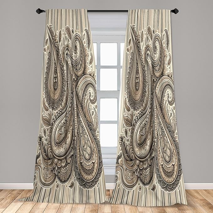 Ambesonne Paisley Curtains, Delicate Bohemian Leafy Motives on Stripes in Neutral Muted Colors, Window Treatments 2 Panel Set for Living Room Bedroom, Pair of - 28" x 95", Warm Taupe Ivory and Sepia