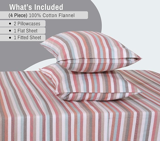 RUVANTI Flannel Sheets Queen Size - 100% Cotton Double Brushed Bed Sheets, Deep Pockets 16 Inches Queen Sheet Set, All Seasons Breathable & Extra Soft - Warm & Cozy, 4 Piece, Multi Chevron Stripe