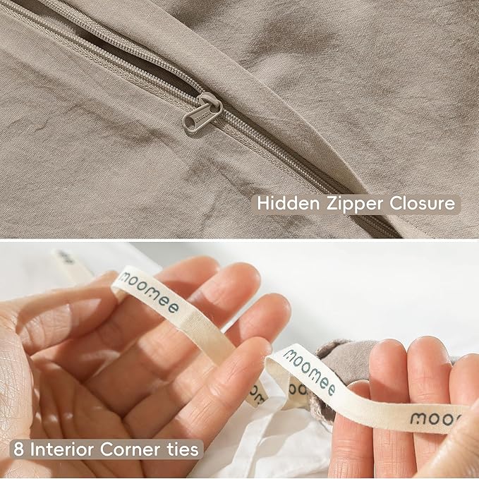 MooMee Bedding Duvet Cover Set 100% Washed Cotton Linen Like Textured Breathable Durable Soft Comfy (Heathered Taupe, Queen 90"x90")