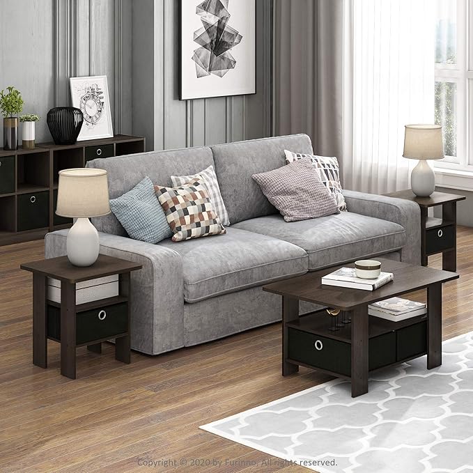 Furinno Andrey Set of 2 End Table / Side Table / Night Stand / Bedside Table with Bin Drawer, Columbia Walnut/Dark Brown