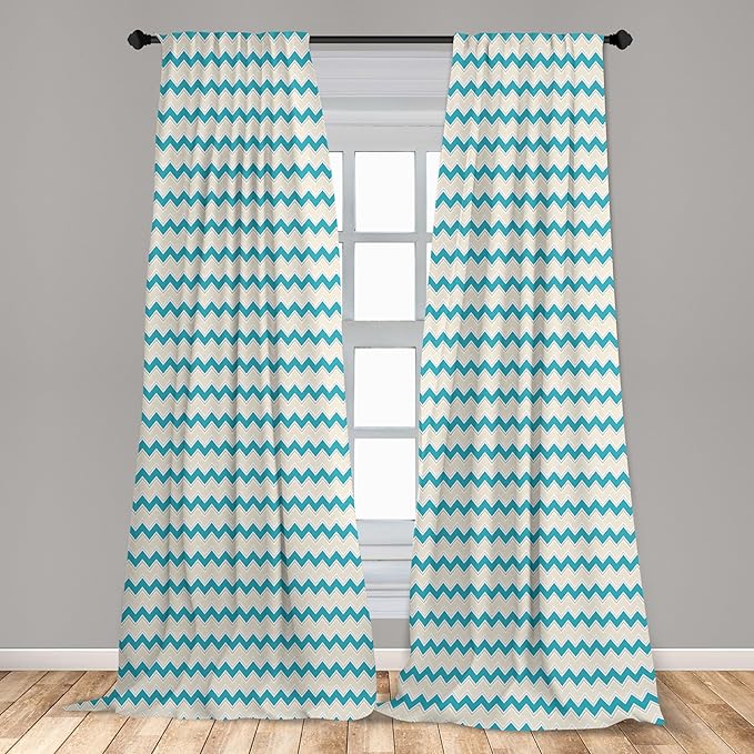 Ambesonne Teal Curtains, Horizontal Zigzag Lines Chevron Triangles Pattern Simple Classical Geometric Design, Window Treatments 2 Panel Set for Living Room Bedroom, Pair of - 28" x 95", Cream Teal
