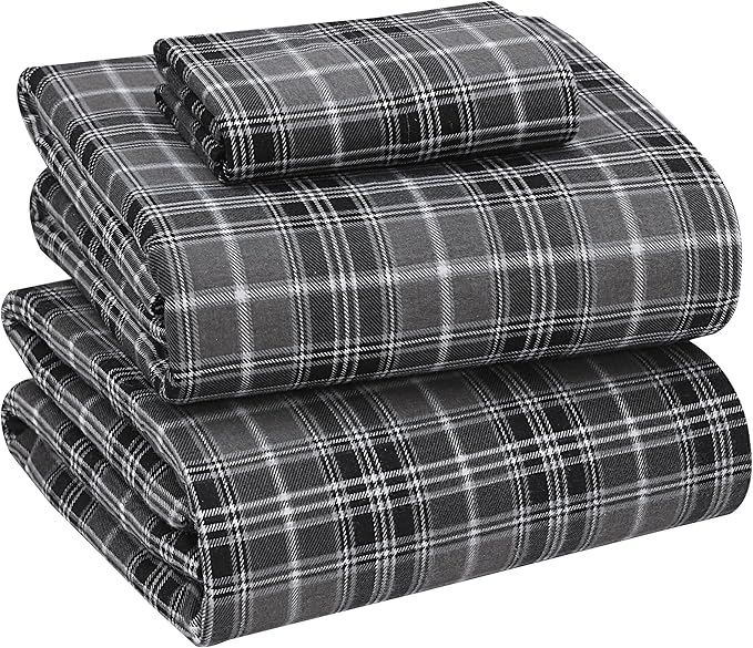 RUVANTI Flannel Sheets Twin Size - 100% Cotton Double Brushed Twin Sheets Set, Deep Pockets 16 Inches, All Seasons Breathable & Extra Soft Bed Sheets, Warm & Cozy, 3 Piece, Grey Plaid