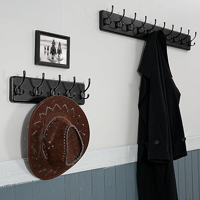 WEBI Wall Mounted Coat Rack, 16" Hole to Hole, Large Hanger Hook Rack, 5 Hooks for Hanging Coats, Hats, Jacket, Clothes, Entryway, Black, 2 Packs