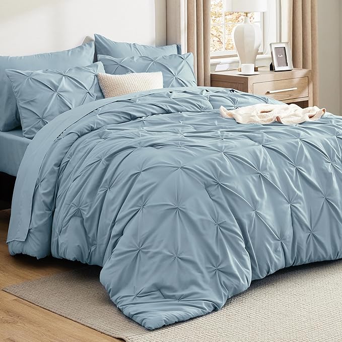 Bedsure California King Comforter Set - Bed in a Bag Cal King Bedding Set 7 PCS, GentleSoft™ Pintuck Bed Set Gift for Family, Pinch Pleat Light Blue Comforter with Sheets, Pillowcases & Shams