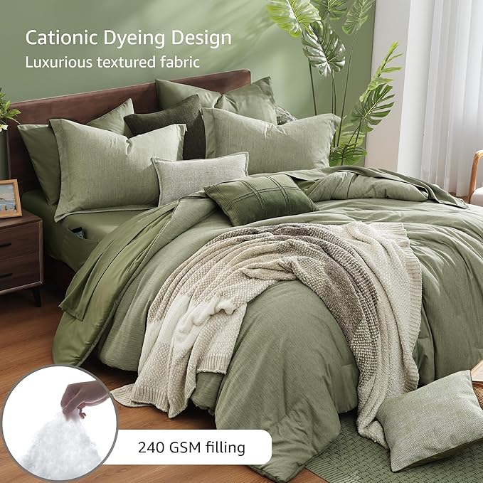 Monbix California King Comforter Set - 7 Pieces Cationic Dyeing Sage Green Bed in a Bag Cal King Bed Sets with Comforter, Sheets, Pillowcases & Shams, Reversible Bedding Comforters Sets (108 * 92)
