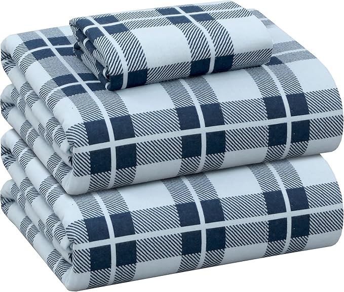 RUVANTI Flannel Sheets Twin Size - 100% Cotton Double Brushed Twin Sheets Set, Deep Pockets 16 Inches, All Seasons Breathable & Extra Soft Bed Sheets, Warm & Cozy, 3 Piece, Illusion Check