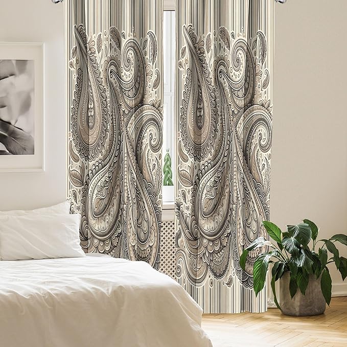 Ambesonne Paisley Window Curtains Pack of 2, Delicate Bohemian Leafy Motives on Stripes in Neutral Muted Colors, Lightweight Set with Rod Pocket, 4 Panels of - 28" x 95", Warm Taupe Ivory and Sepia